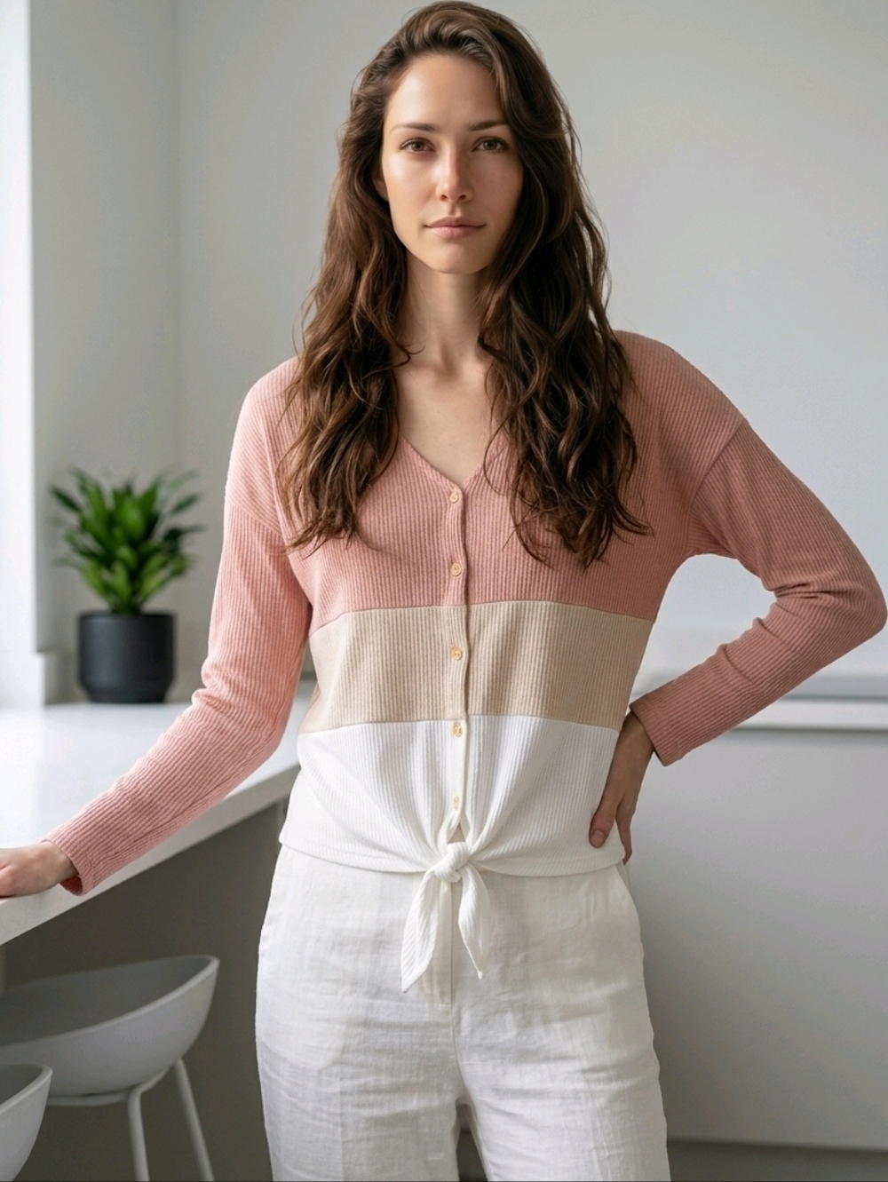 No Boundaries Pink, Cream & White Tie-Front V-Neck Sweater